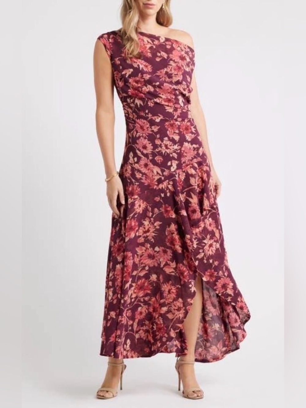 Chelsea28 Cascading Off the Shoulder
Evening Floral One-Shoulder Maxi Dress Sz L